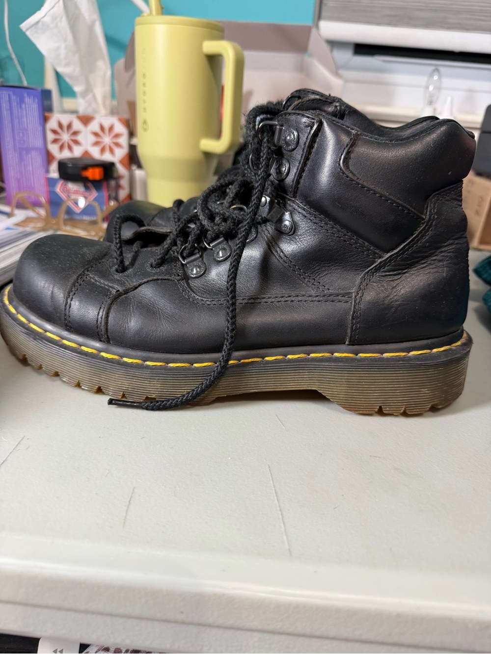 Dr. Martens Men’s Black Leather Lace-Up Boots with Yellow Stitching - Picture 4 of 8